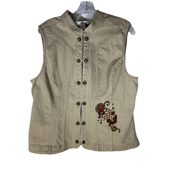 Christopher & Banks Embroidered Vest Beige Denim Studded Fall Floral Button L - Picture 1 of 11